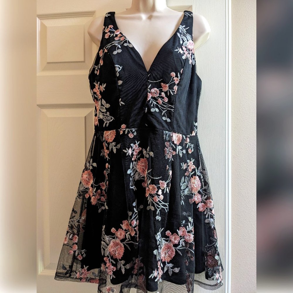 Crystal Doll LBD Junior's Black Cocktail Party Dress with Floral Embroidery
